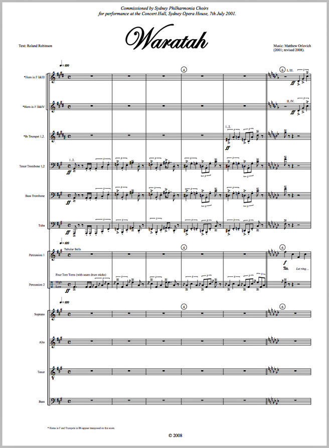 Score sample: Waratah (for SATB choir, brass and percussion, 2001).