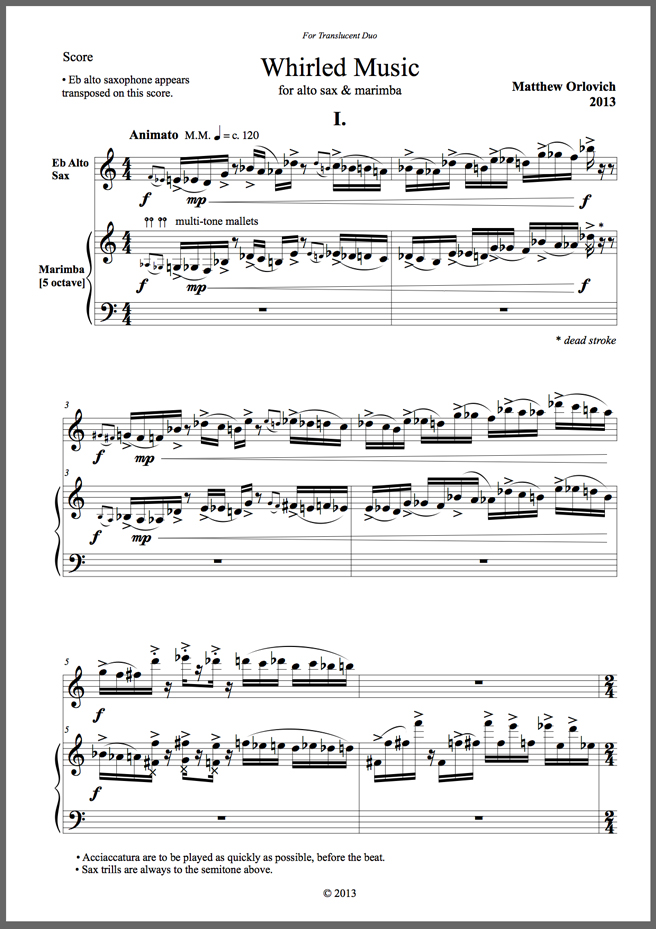 Score sample: Whirled Music (for alto sax & marimba)