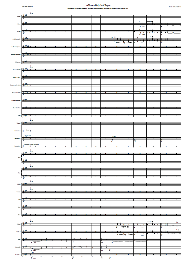 Score sample: A dream only just begun (for SATB choir, baritone voice soloist and orchestra, 2000).