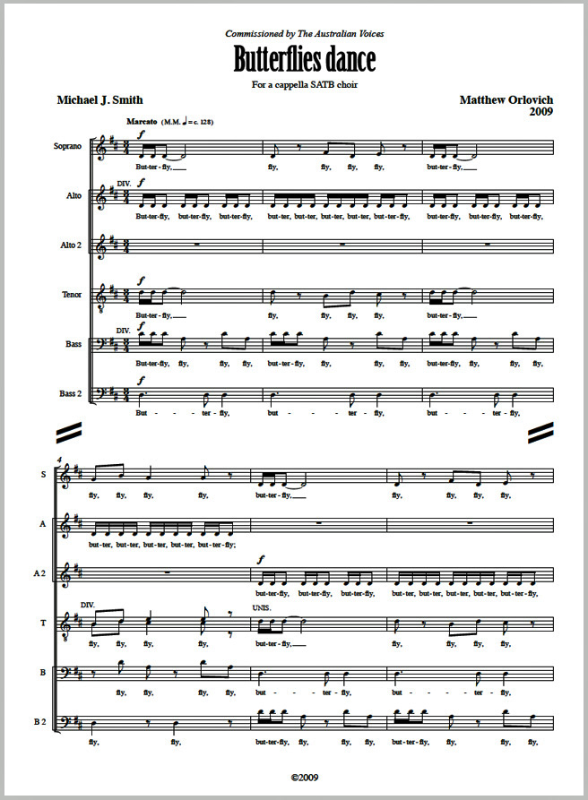 Score sample: Butterflies dance (for a cappella SATB choir, 2009).