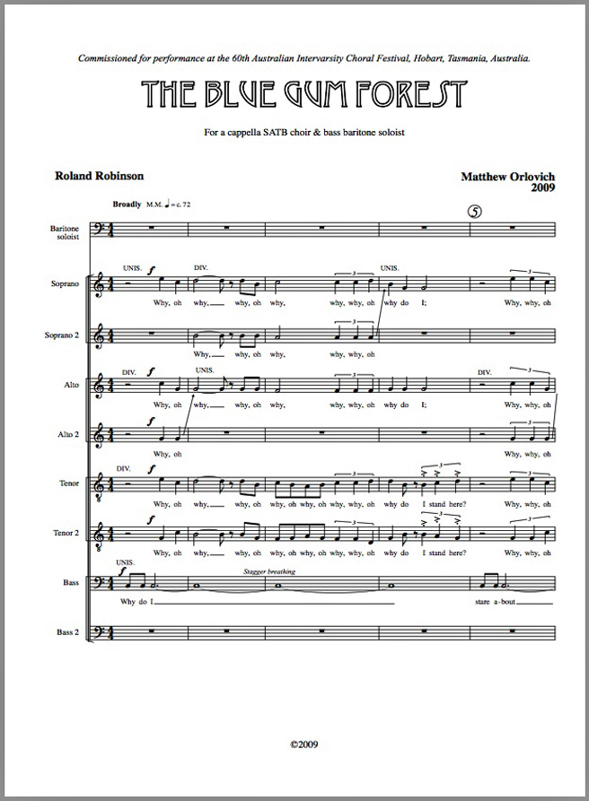 Score sample: The Blue Gum Forest (for SATB choir and baritone soloist, 2009).