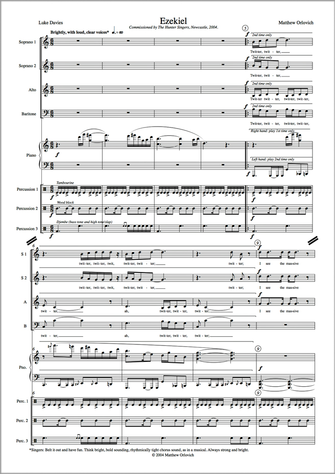 Score sample: Ezekiel (for SSABar choir, piano and percussion, 2004).