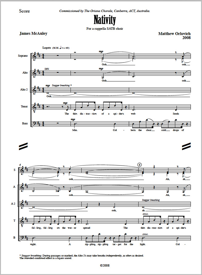 Score sample: Nativity (for a cappella SATB choir, 2008).