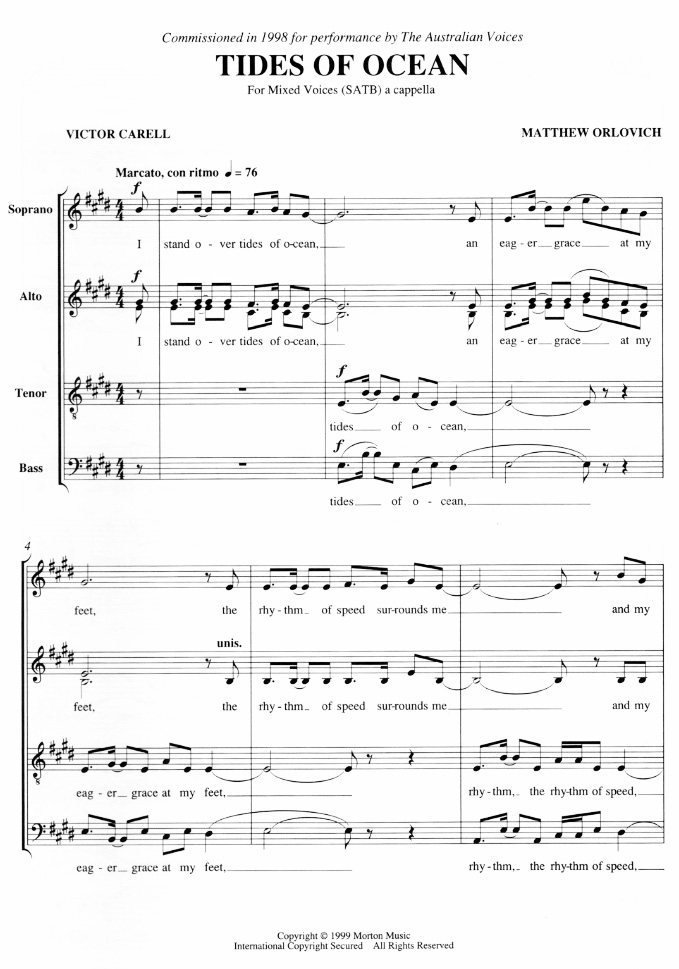 Score sample: Tides of Ocean (for a cappella SATB choir, 1998).