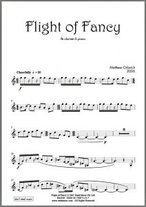 Score sample: "Flight of Fancy" (for Bb clarinet & piano) – By Matthew Orlovich.