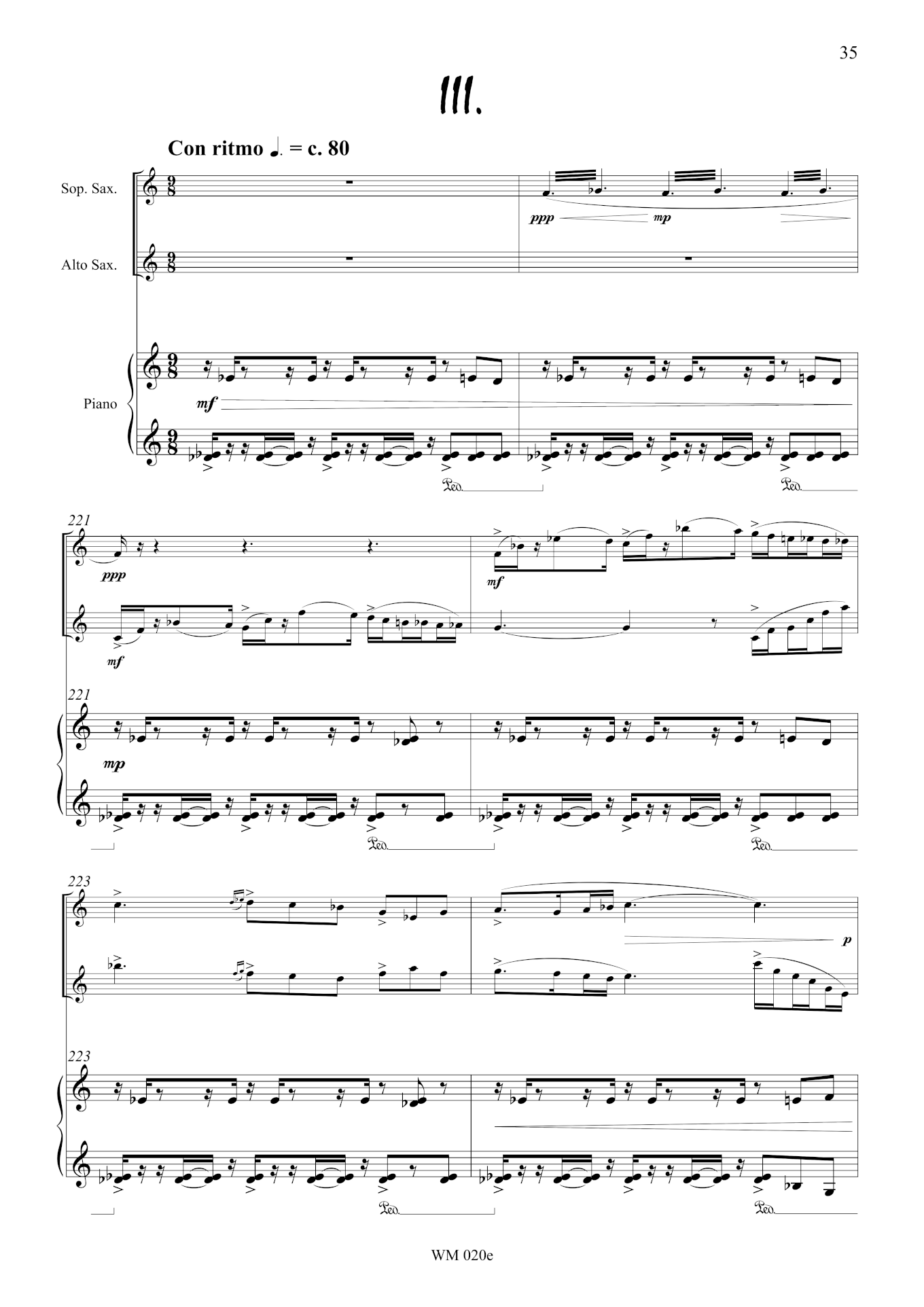 Score Sample: Seventh Heaven (for soprano sax, alto sax and piano) (p35) – by Matthew Orlovich.