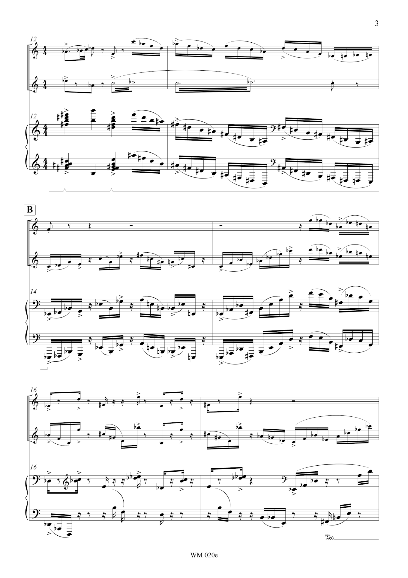Score Sample: "Seventh Heaven" (for soprano sax, alto sax and piano) (p3) – by Matthew Orlovich.